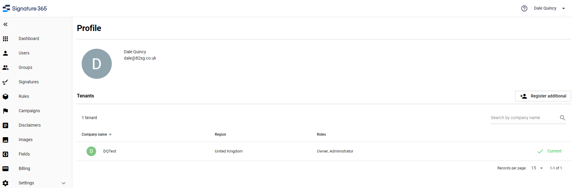 Step 2 of registering an additional Signature 365 tenant